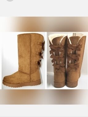 Triple Bow Suede Leather & Fur Lined Tall Boot in Caramel Brown Sz 9